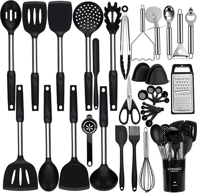 NCUE 35 Pcs Silicone Cooking Utensils Set BPA Free 446°F Heat Resistant | Stainless Steel Handles Kitchen Utensils Set, Thickened Heads Silicone Grips Nonstick Dishwasher Safe for Baking Housewarming by NCUE