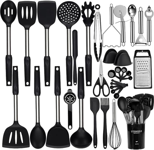 NCUE 35 Pcs Silicone Cooking Utensils Set BPA Free 446°F Heat Resistant | Stainless Steel Handles Kitchen Utensils Set, Thickened Heads Silicone Grips Nonstick Dishwasher Safe for Baking Housewarming by NCUE