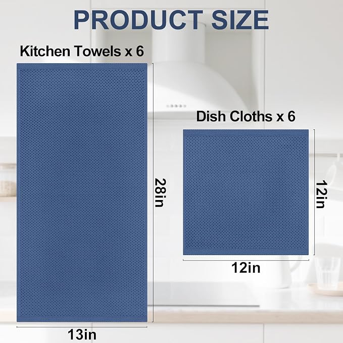 Homaxy 12 Pack 100% Cotton Kitchen Towels and Dishcloths Set, Navy Blue | 12 x 12 Inches and 13 x 28 Inches Kitchen Towels Set, Ultra Soft Absorbent Dish Cloths for Washing Dishes - Image 4