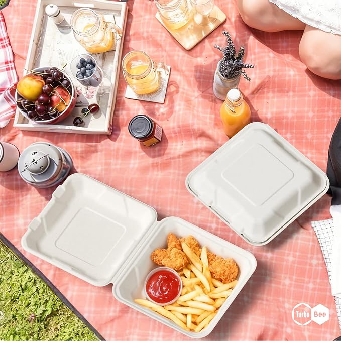 Turbo Bee 100 Pack 8x8inch White Compostable Take Out Containers with Lids, Disposable Clamshell Food Containers, Large To Go Boxes for Restaurant, Catering, Meal Prep & Food Service-White - Image 6