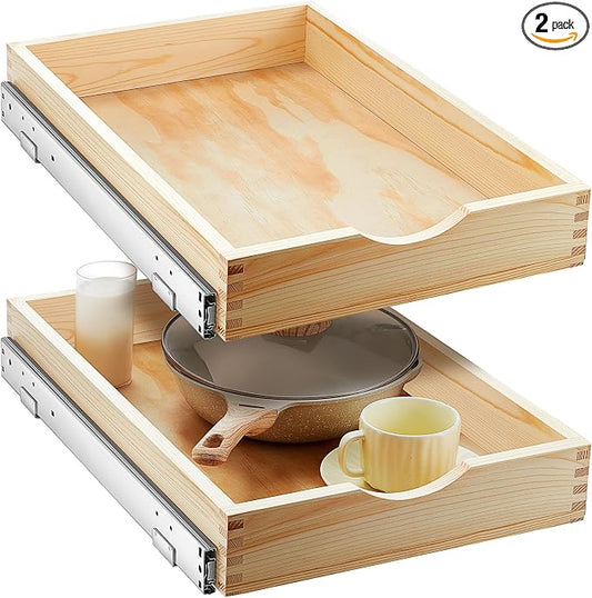 2 Set Wooden Pull out Cabinet Organizer Fully Assembled Slide out Pantry Drawer with Gentle Close Storage Shelf Tray for Base Kitchen Under Sink Bathroom Accessory(Wood Color,15'' X 21'' X 3'') by Menkxi