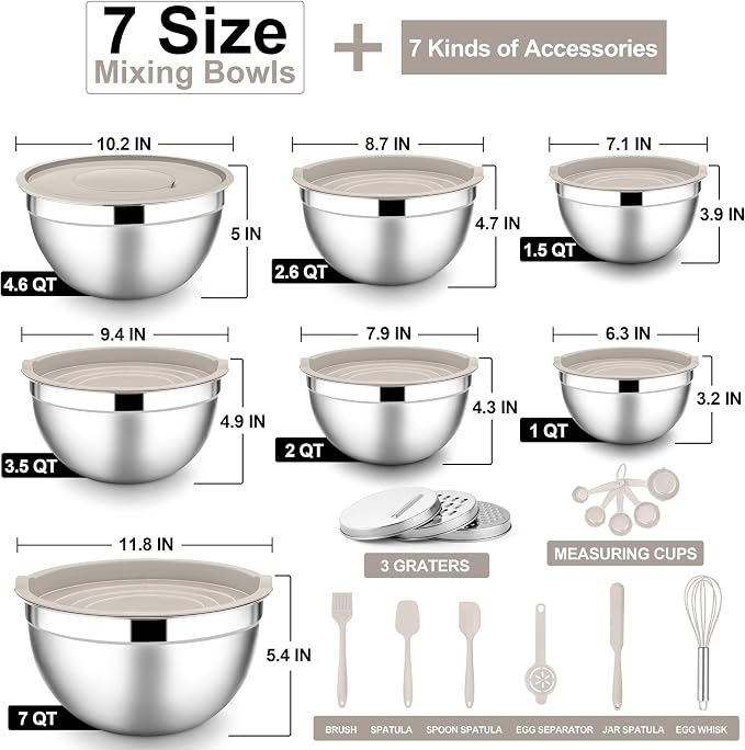 E-far Mixing Bowls with Lids Set, 21PCS Stainless Steel Mixing Salad Bowls with 3 Grater Attachments, Size 7, 4.6, 3.5, 2.6, 2, 1.5, 1QT, Nesting Design & Khaki Airtight Lid, For Baking/Prepping - Image 5