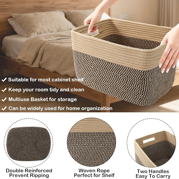 3 Pack Woven Baskets,Storage Baskets for Shelves with Handles | 13.5"×11"×9.5", Closet Baskets, Nursery Organizer for Toys Towels Books, Storage Bin for Living Room Bedroom (Jute & Black) - Image 3