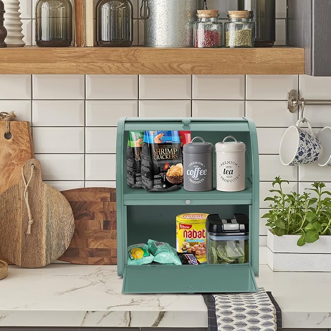 Stainless Steel Bread Box, 2 Layer Roll Top Bread Boxes, Large Capacity Food Storage Container for Kitchen Counter, Metal Bread Bin, Bread Holder for Countertop 11.8" x 9.6" x 12.8" (Green) - Image 7