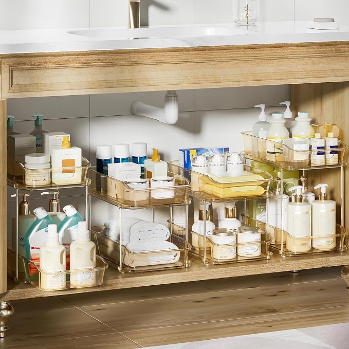 Delamu 2-Tier Under Sink Organizers and Storage, Multi-Purpose Stackable Bathroom Cabinet organizers, Pull Out Kitchen Pantry Organization and Storage with Dividers(4 Pack, Amber) - Image 2