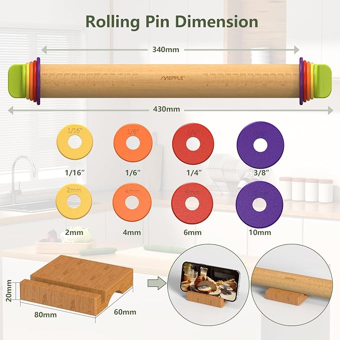 Rolling Pin with Thickness Rings,13.6''Dough Roller&Stand Fit Uniform Dough | Mepple Precision Wood Roller Rod with 4 MultiColor Measuring Rings for Fondant Cookies Pizza Pie Making At Home or Pro Bakers - Image 8