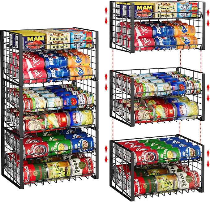 3-Pack Stackable Can Rack Organizer, Adjustable Can Holder for Pantry | 2-Tier Rolling Can Dispenser Holds Up to 90 Cans, Canned Food Storage Organizer for Kitchen Cabinet, Black by shengbaomaoyi