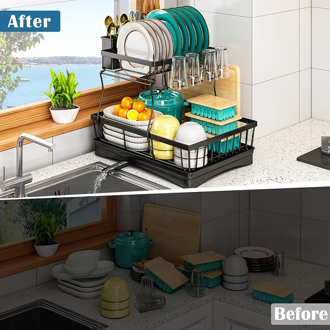 2 Tier Dish Drainer Rack for Kitchen Counter - Space-Saving Dish Rack with Utensil Holder, Large Capacity Dish Drying Rack with Draining Board, Black - Image 5