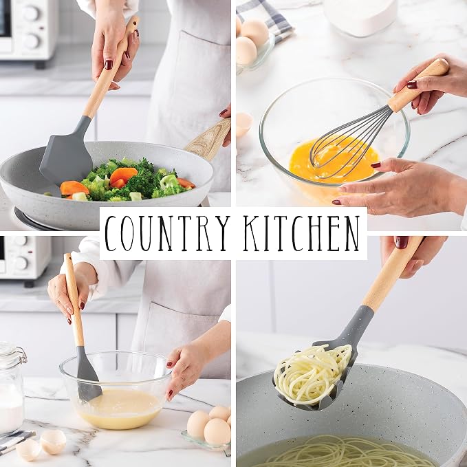 Country Kitchen Non Stick Silicone Utensil Set with Rounded Wood Handles for Cooking and Baking, 14 Piece Set, Gray - Image 3