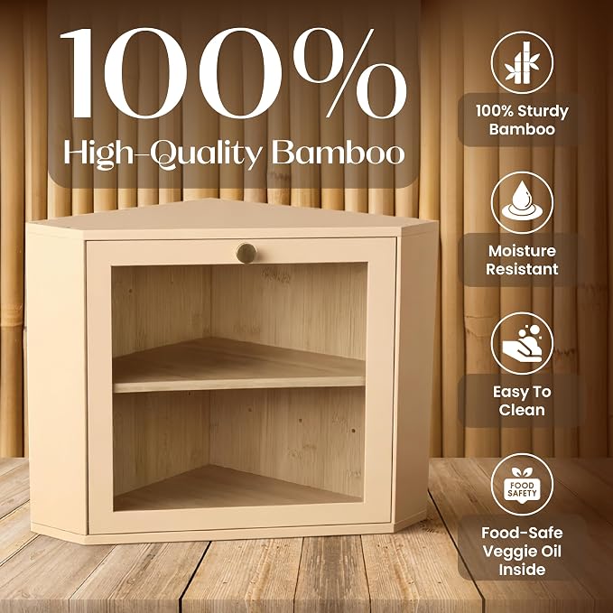 2 Tier Corner Bread Box for Kitchen Countertop, Cream | Space-saving, food-safe bamboo corner countertop cabinet featuring a modern brass knob & controlled airflow. - Image 5