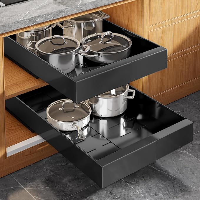 Seinloes 2 Pack Expandable Pull Out Cabinet Organizer 21" Deep with Raising Pad for Framed Cabinets,Upgrade 3 Slide Rails Slide Out Drawers,Roll Out Shelves Adhesive,Adjustable Width 9"-14.1" Black by Seinloes