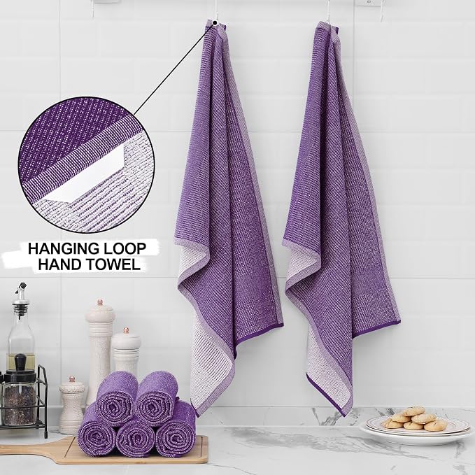 Homaxy 380 GSM Cotton Premium Kitchen Towels 3 Pack, 18"x 28", Purple | Flat and Terry Dish Towels, Highly Absorbent Tea Towel Set with Hanging Loop, Soft Utility Kitchen Hand Towels - Image 3