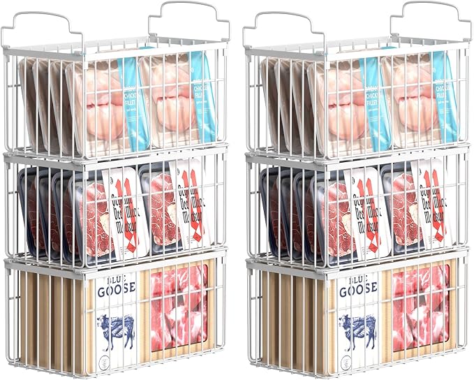Freezer Organizer Bins, 6 Pack Big Baskets for 5/ 7 Cu.FT Deep Freezer | Stackable Chest Freezer Organizer Bins, Foldable Baskets with Handles, White Storage Container Baskets for Sort Frozen Meats by MSERCUOR