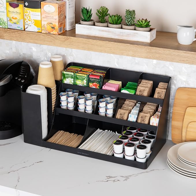 Mind Reader Large Cup and Condiment Station, 14-Compartment Countertop Coffee Organizer for Cups, Lids, Condiments and Supplies, Black - Image 2