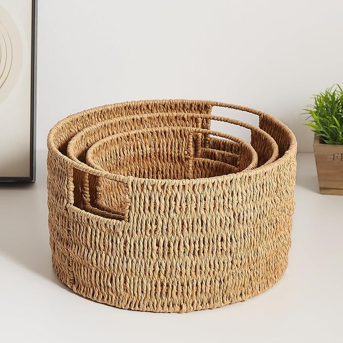 Wicker Storage Basket, Hand-Woven Paper Rope Large Round Woven Basket With Handles, Wicker Baskets for Organizing/Storage, Natural, 3-Pack - Image 5
