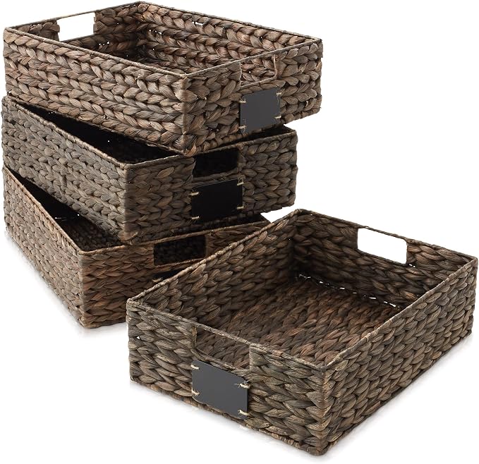 Casafield Set of 4 Water Hyacinth Pantry Baskets, 12-1/2" x 17" x 5", with Chalkboard Labels and Chalk Marker - Espresso, Woven Storage Bin Organizers for Kitchen Shelves - Image 3