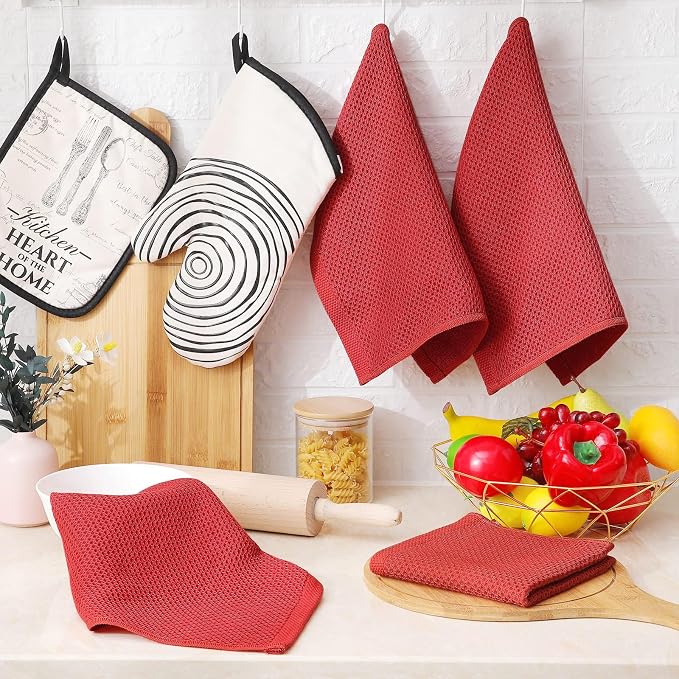 Homaxy 100% Cotton Waffle Weave Kitchen Dish Cloths, 9-Pack, Brick Red | Ultra Soft Absorbent Dish Towels, Quick Drying Dish Rags with Hanging Loop, 12 x 12 Inches - Image 6