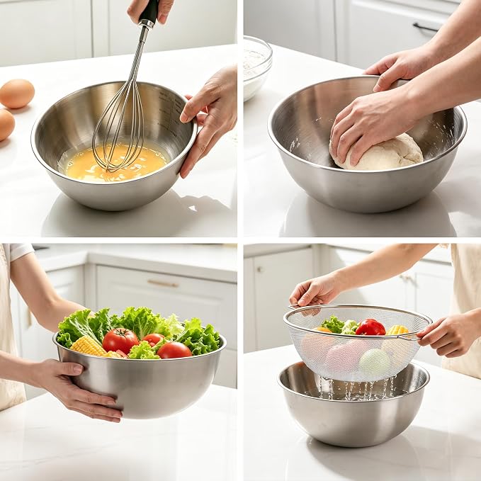 18/8 Stainless Steel Bowl and Colander Set, 6-Piece, Nesting | 3 nesting mixing bowls with measurement marks and 3 fine 30-mesh strainers for rice,vegetables, pasta, baking, and food prep - Image 7