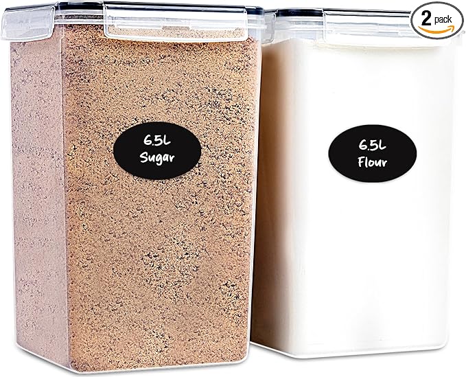 Extra Large Flour and Sugar Storage Containers 6.5L/220 Fl. oz; Set of 2 Plastic Bulk Airtight Food Storage Rice Containers With Lids - Kitchen Pantry Organizer and Storage Canisters, Marker & Labels by DW%C3%8BLLZAKITCHEN