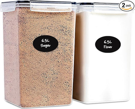 Extra Large Flour and Sugar Storage Containers 6.5L/220 Fl. oz; Set of 2 Plastic Bulk Airtight Food Storage Rice Containers With Lids - Kitchen Pantry Organizer and Storage Canisters, Marker & Labels by DW%C3%8BLLZAKITCHEN