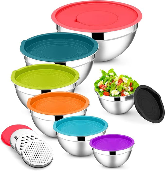E-far Mixing Bowls with Lids Set, 7-Piece Stainless Steel Mixing Bowls with 3 Grater Attachments, Size 4.6, 3.5, 2.6, 2, 1.5, 1, 0.7QT, Nesting Design & Colorful Airtight Lid, For Baking/Prepping by E-far