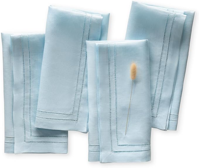Linen Napkins 20 x 20 inch - 100% Pure Linen Light Blue Hemstitch Dinner Napkins Set of 4 - Double Hemstitch Cloth Napkin Washable Perfect for Easter, Spring and Summer Decor by OlucioAuthentiqueHome