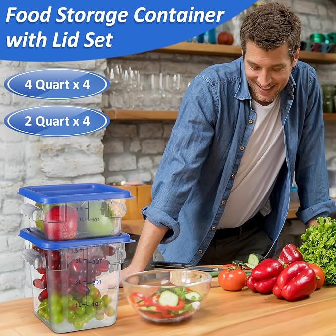 Yungyan 16 Pcs Restaurant Food Storage Containers with Lids Set 2Qt and 4Qt Commercial Restaurant Square Storage Containers Clear Food Cereal Container for Kitchen Freezer (Blue Lids) - Image 4