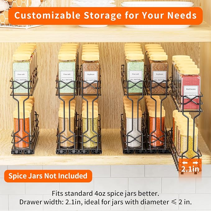 RCHYFEED 3 Pack Pull Out Spice Rack Organizer for Cabinet,2.1 Wx10.5 Dx8 H | Chrome,2 Tier Heavy Duty Cabinet Spice Organizer,Tape or Screw Mount Available Perfect for Cabinet & Pantry,Jars Not Included - Image 3