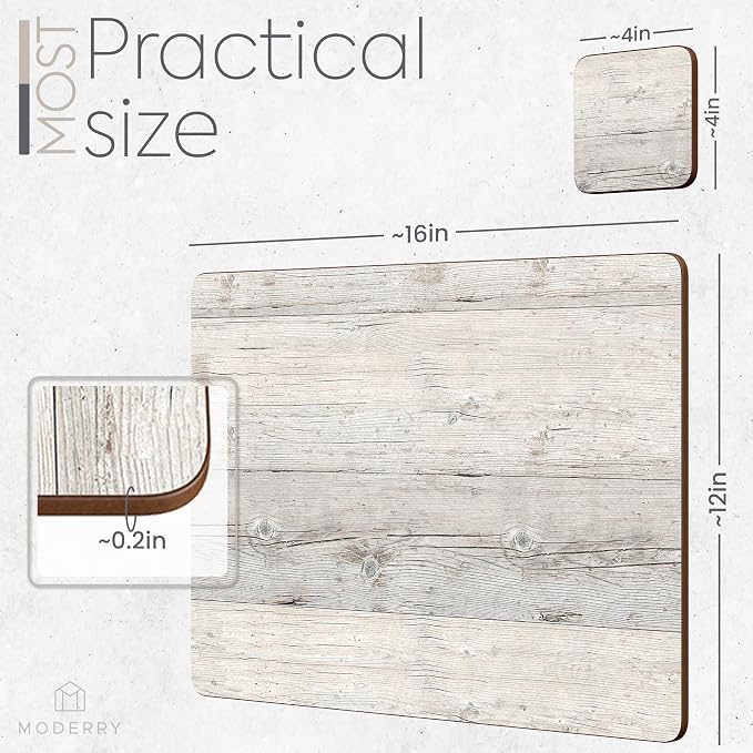 Set of 4 Heat Resistant Cork Placemats for Dining Table with Free Set of 4 Matching Drink Coasters Cork Wood Design Print 16 x 12 Inches Cork Backed Hard Placemats (White Driftwood) - Image 7