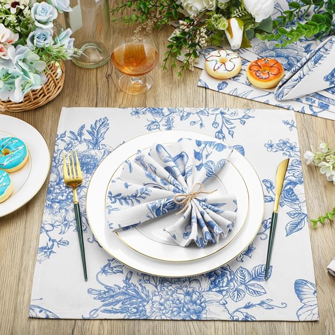 48 Pcs Cloth Napkins Bulk-15 x 15 Inch Soft Fabric Napkins Bulk Cloth Washable Reusable Plants Floral Square Napkin Cotton Dinner Towel for Spring Tea Party (Blue White Flower) - Image 2