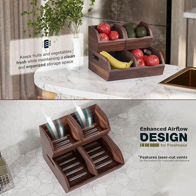 Acacia Potato and Onion Storage Bin - Stackable Wooden Storage Bins with Airflow Vent - Onion and Potato Storage Baskets for Kitchen Countertop Storage Organizer - Image 6