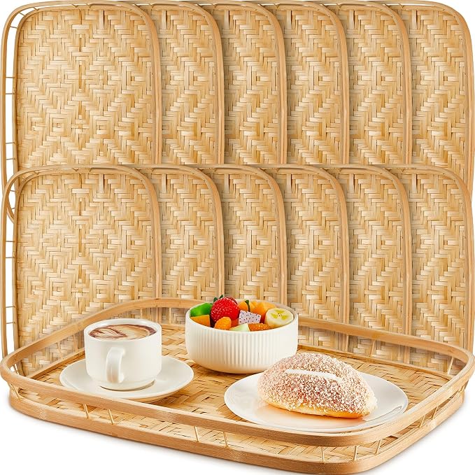 FillTouch 12 Pcs Bamboo Wicker Serving Trays 16.93 x 13 x 1.57 Inch Hand Woven Lap Trays for Eating Rectangular Flat Basket Tray Decorative Bedroom Bed Tray for Eating Dinner Fruit Snack Holder by FillTouch