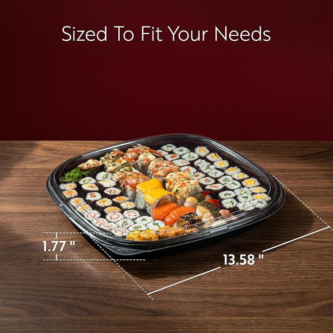 Restaurantware Plastic Sushi Trays 100 Pack of 13.5 x 13.5 x 1.77 Inch With Clear Lids Leak-Resistant Sushi Take Out Boxes Stackable Containers For Grab-And-Go - Image 2
