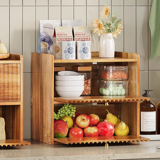 Trironsun Acacia Bread Box for Kitchen Countertop Wood Bread Storage Container Bin Double Layer BreadBox Farmhouse Large Capacity Food Organizer (Acacia Wood) - Image 4