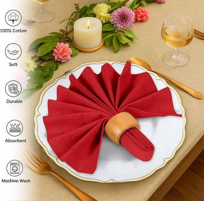 Ruvanti Cloth Napkins Set of 12, 100% Cotton High GSM 18x18 Inches, Hem Stitched Corners, Soft, Washable, Durable & Absorbent, Perfect for Parties, Christmas, Thanksgiving Dinners – Flame Scarlet - Image 3