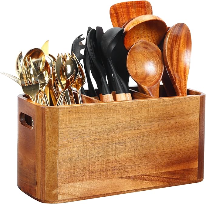 Kitchen Utensil Holder for Counter or Countertop, Extra Large Acacia Wood Organizer with 3 Compartments, Wooden Storage for Cooking and Silverware, Rustic Minimalist Decor, Sturdy Utensil Crock by Rodelna