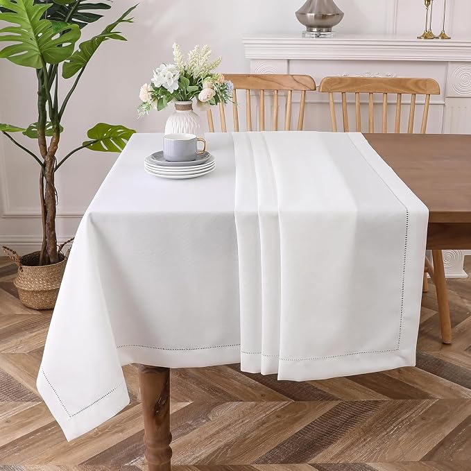 Majestic Giftware Linen Look Polyester Tablecloths for Rectangle Tables | (60/90) - TC1551 White with Hole Design Etched at Seam Table Cover | Decorative Washable Tablecloth for Kitchen & Dining by MajesticGiftware