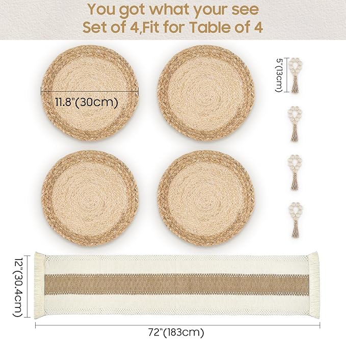 Placemats Set of 4,Natural Round Placemats with Table Runner & Napkin Rings | Made of Cotton Burlap and Corn Husk,Protective,Heat-Resistant,Non-Slip Boho Table Mats Fall Placemats for Dining Table Décor - Image 3