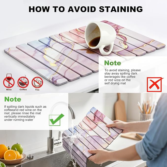 Stone Dish Drying Mat for Kitchen Counter - 24" x 16" Ultra Absorbent Diatomaceous Earth Mat, Foldable Fast Drying Countertop Protector, Non-Slip Eco-Friendly Stone Mat for Dishes - Image 6