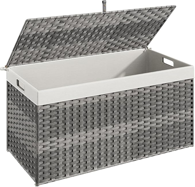HOOBRO Storage Basket with Lid, 52.8 Gallon (200L) Wicker Basket, Handwoven Blanket Storage Basket with Handles, Metal Frame and Soft Lining, Foldable for Bedroom, Laundry Room, Gray GY220CW01 by HOOBRO