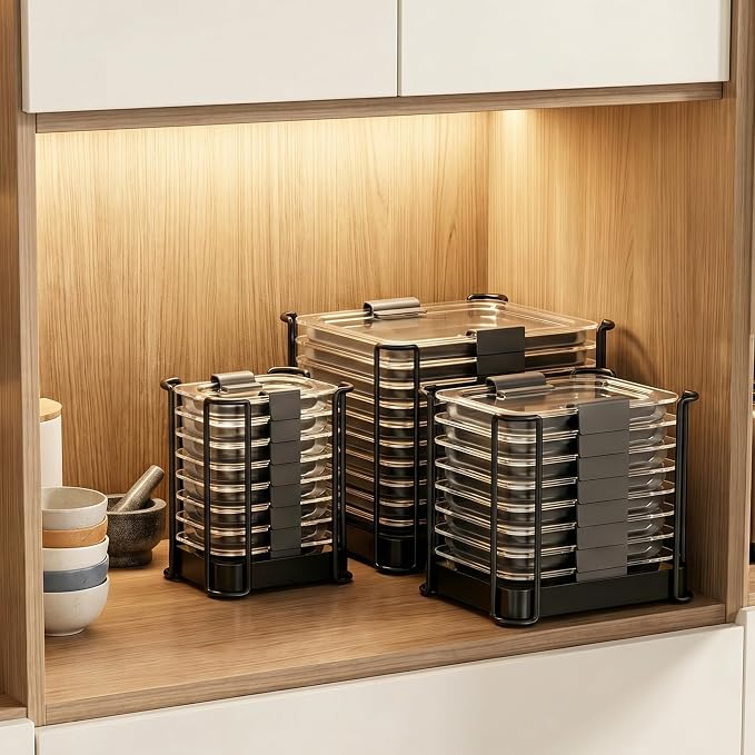 MOUKABAL Metal Lid Organizer for Rubbermaid Brilliance, Kitchen 3-Pack 1 | Fits 1.3,3.2,4.7,9.6 Cup Rubbermaid Brilliance lids/Space-saving upright storage/Metal frame with bamboo base/Ready to use - Image 3