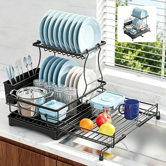 2 Tier Dish Drying Rack, Large Extendable Dish Racks for Kitchen Counter , Dishrack with Drainboard, 2-in-1 Anti-Rust Stainless Steel Dish Drainer with Utensil Holder (Black, double of Dish Rack) by Unknown
