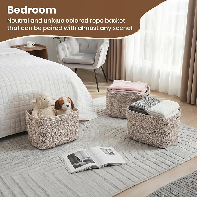 Storage Baskets for Organizing, 14 x 10 x 9” Closet Shelf Woven Baskets, Square Bins with Handles, Cotton Rope Basket for Clothes, Office, Room, Brown 4 Pack - Image 5