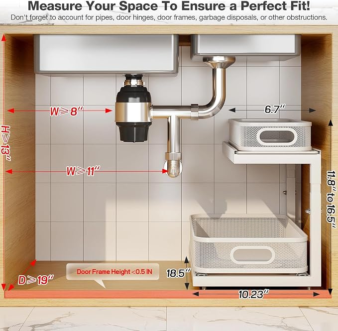 2-Pack 18.5 IN Depth Under Sink Organizer With Next-Gen Ball-Bearing Slides,Sophisticated Mesh 2-Tier Pull Out Shelf for Kitchen & Bathroom,Fits Small Items-White(Patented) - Image 2