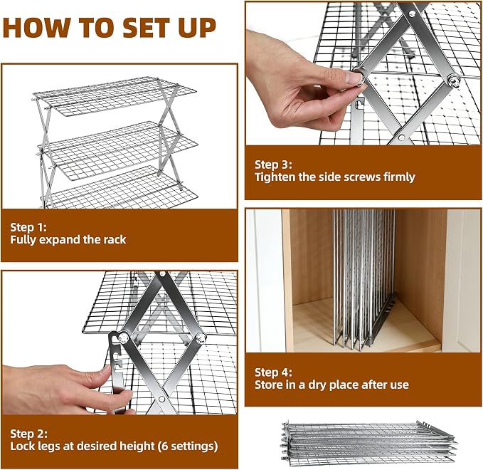 5 Tier Collapsible Cooling Rack Sourdough Cooling Rack 17"x10" | Cooling Racks for Cooking and Baking, Roasting, Grilling, Adjustable 6 Setting Design stackable, Oven & Dishwasher Safe - Image 5