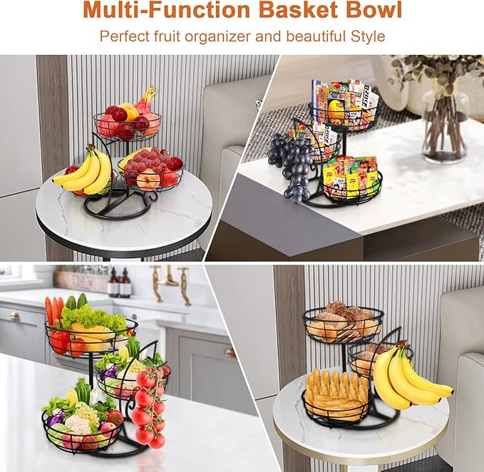 Livabber Fruit Basket Bowl with Banana Hanger, Fruit Vegetable Storage Basket with Banana Tree Holder for Kitchen Counter, Detachable Organizer for Bread Snack Produce (Black, 3-Tier Metal Base) - Image 3