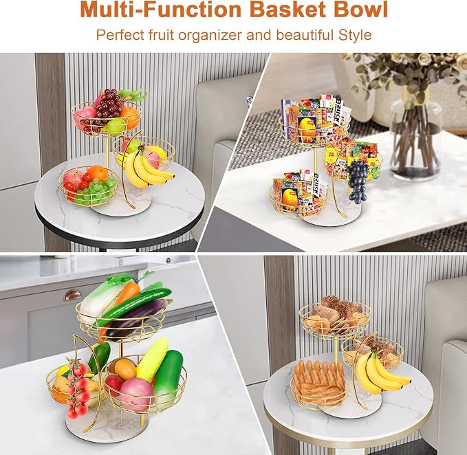 Livabber Fruit Basket Bowl with Banana Hanger, Metal Fruit Vegetable Storage Basket with Banana Holder for Kitchen Counter, Detachable Organizer for Bread Snack Produce (Gold, 3-Tier Marble Base) - Image 7