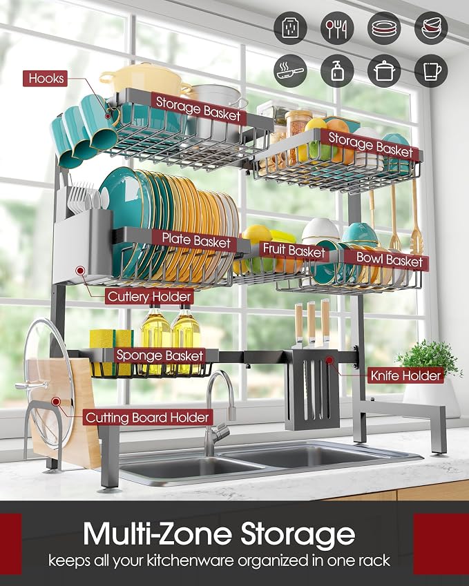 Sakugi Over The Sink Dish Drying Rack - Adjustable 3 Tier XX-Large Capacity Stainless Steel Drainer with Cutlery & Utensil Holders, Kitchen Storage & Organization, 31.5"-39.5"L x 12"W x 30.5"H, Gray - Image 2