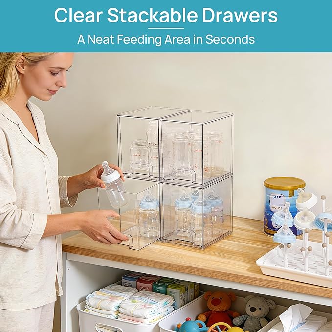 Vtopmart Clear Stackable Storage Drawers, 4 Pack Tall Plastic Organizers | Clear Pull-Out Drawers, Stackable Design for Skincare, Cosmetics, Beauty Supplies, Vanity, Bathroom, Cabinet and Countertop - Image 3