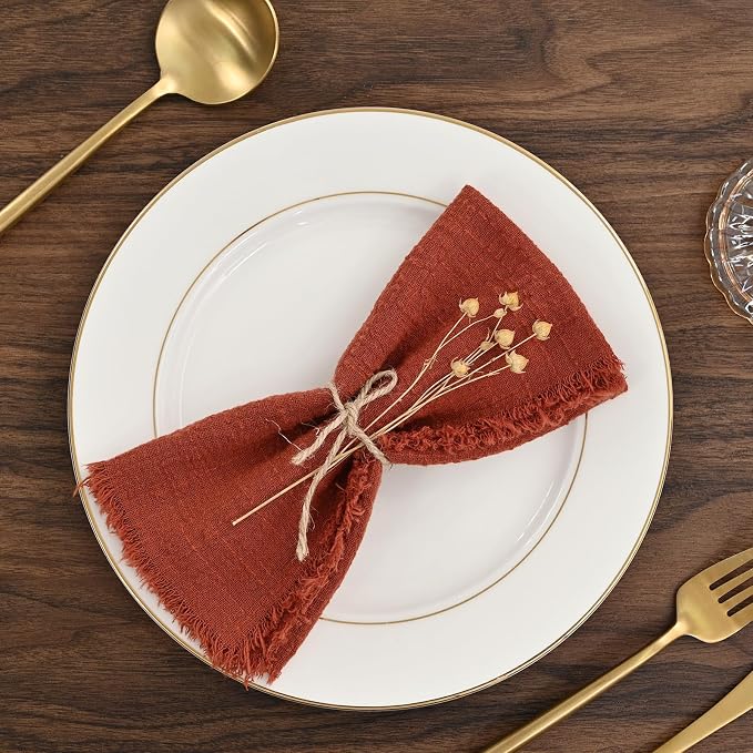 12 Pack Terracotta Napkins Cotton Linen Napkins 16 x 16 Inch Terracotta Cloth Napkin Handmade with Fringe Soft Washable Rustic Dinner Napkin Cloths for Wedding Party Dinner Table - Image 3